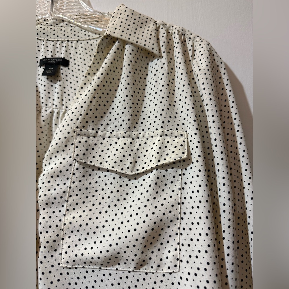 Ann Taylor Cream and Black Button-Down Shirt in XS Petite.